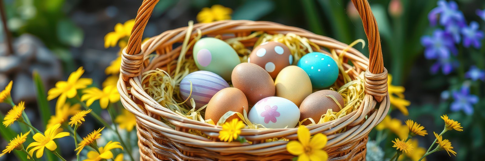 Colorful Easter eggs in a woven basket surrounded by vibrant flowers in a sunny garden during springtime